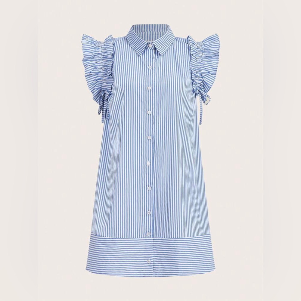 Blue and White Striped Ruffle Sleeve Dress